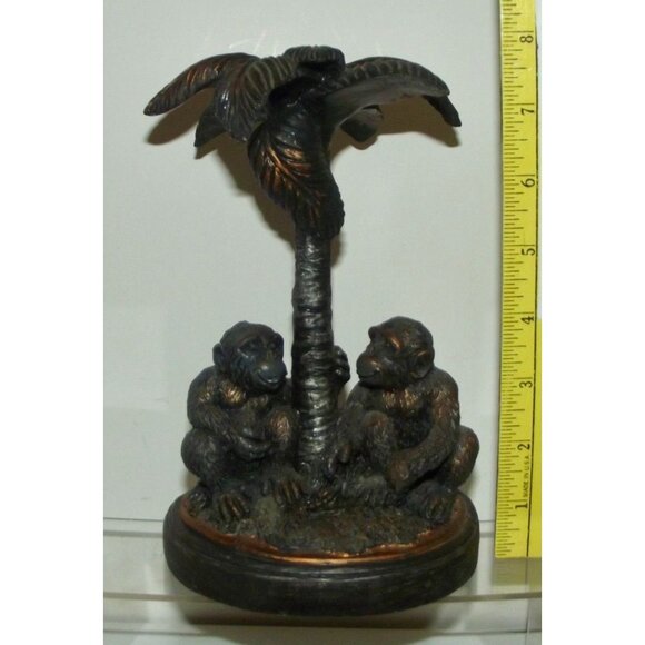2 Monkies Figurine Under Palm Tree Statue 8" monkey bronze color chalk or resin? - Picture 2 of 9